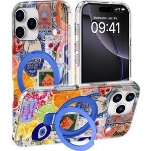 DEENAKIN for iPhone 17 Pro Case - Wireless Charging Compatible - Integrated Multi-Functional Kickstand - Protective Phone Case with Trendy Cute Designs for Women - European Summer Collage