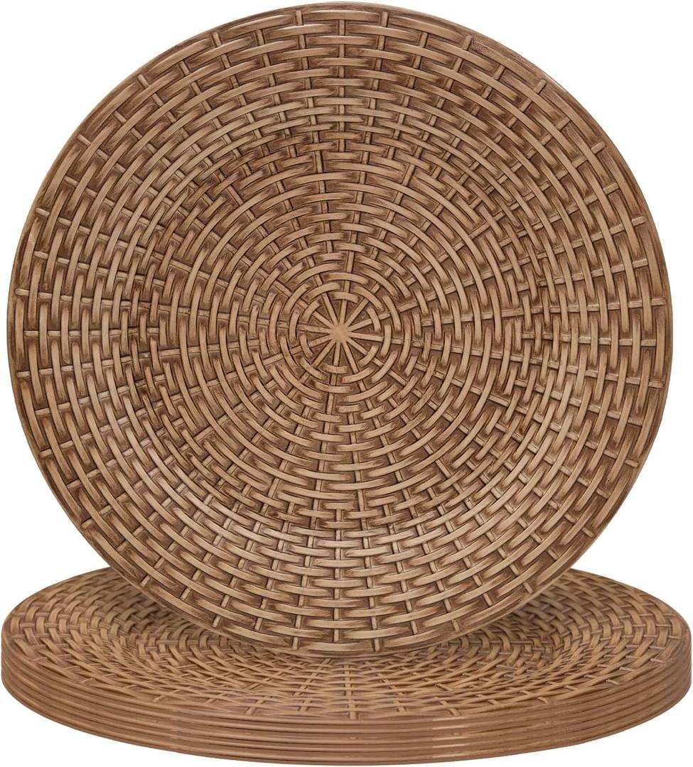 MAONAME Faux Rattan Charger Plates Set of 6, Table Chargers for Dinner Plates, 13" Round Brown Plate Chargers, Plastic Charger for Table Setting, Wedding Decor