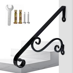 Yahpetes Handrail 1-2 Steps Porch Handrail Wrought Iron Handrail Grab Rail Single Post Railing 22.8"X 14" Black Stair Railing Bracket Metal Art Handrail for Outdoor Step