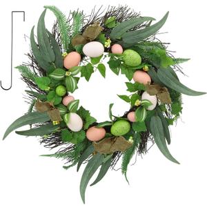 22 Inches Spring Easter Wreath, Farmhouse Artificial Spring Wreath, Decor with Colorful Easter Eggs, Brown Fabric Strips & Green Eucalyptus Leaves, for Door Wall Window Fences (03 Dark Green - Bucolic)