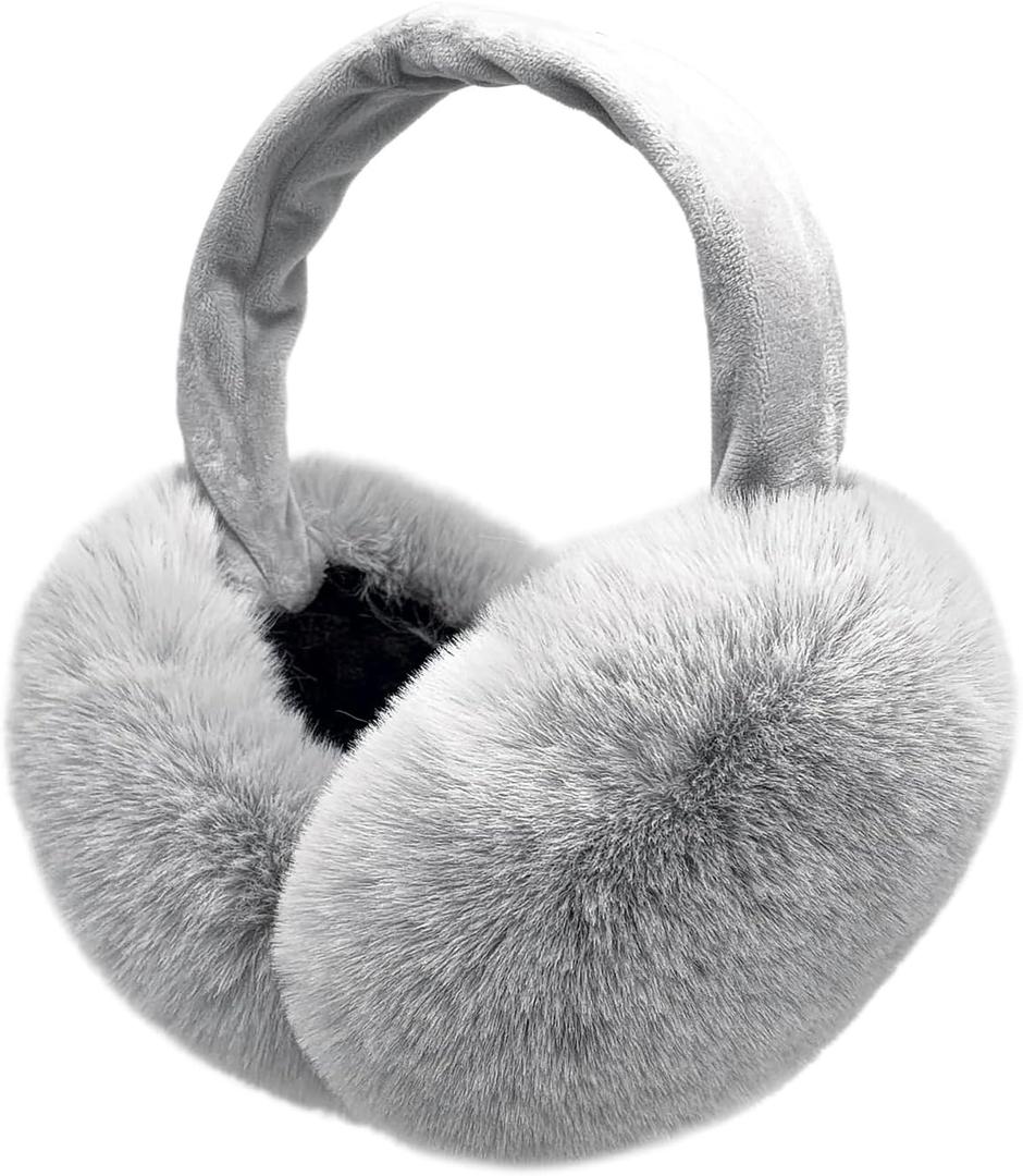 Women Winter Earmuffs Adjustable Faux Fleece Ear muffs Foldable Furry Cute Girl Ear Warmer for Cold Outdoor (Grey)