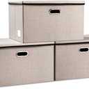 PRANDOM Extra Large Collapsible Storage Bins with Lids [3-Pack] Linen Fabric Foldable Storage Baskets Boxes Organizer Containers Cube with Cover for Bedroom Closet Office Nursery (22.8x15.7x13.8) (Light Grey)