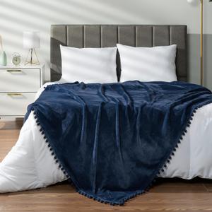 PAVILIA Fleece Throw Blanket for Couch with Pom Pom Fringe, Navy Blue, Soft Cozy Fuzzy Flannel Blanket for Sofa Bed, Large Lightweight Plush All Season Throw, 60x80 Inches