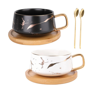 Peohud 2 Pack Ceramic Tea Coffee Cup, 10 OZ Coffee Mug with 304 Stainless Steel Spoon and Bamboo Saucer, Marble Espresso Cups for Latte, Cappuccino, Americano, White and Black