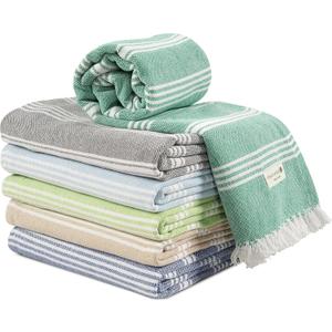 Casa Platino Turkish Beach Towels Set of 6, Lightweight and Soft Quick Dry Towels, Pre-Washed and Sand Free, Ideal for Travel, Summer Vacations, Family Trips, or Resort Pool Use 39"x71" Beach Grass