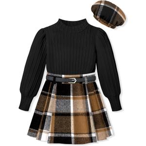 ADIFUN Clothes For Girls Skirt Pants Sets Long-Sleeved Round Neck Top Flannel Plaid Skirt Dress Beret Girls Outfit 3 Piece (7-8 Years, Black + Brown)