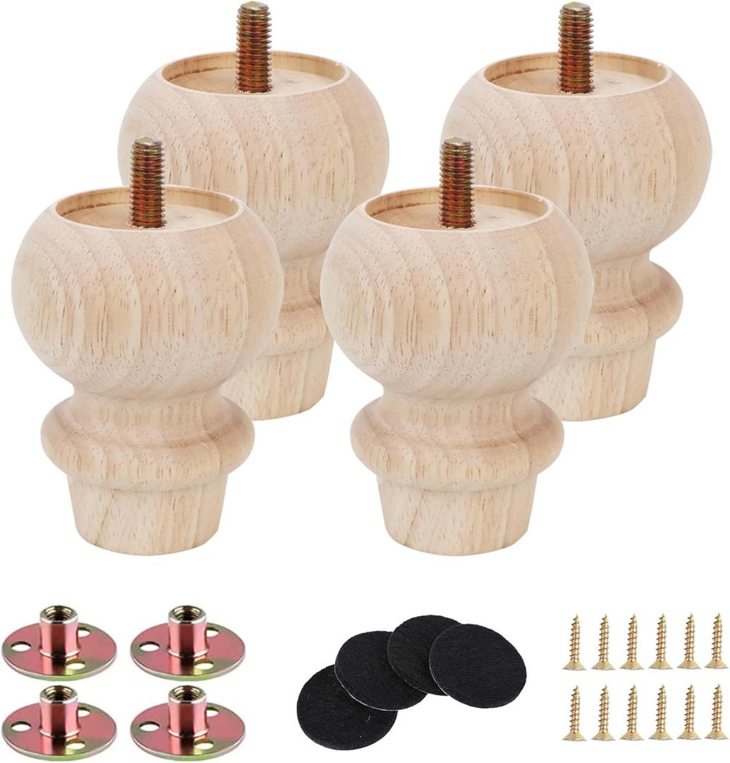 3 Inch Wooden Unfinished Bun Feet for Dresser Legs Couch Sofa Cabinet Ottoman DIY Replacement Wood Furniture Legs Set of 4