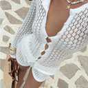 SHENHE Women's Crochet Set 2 Piece Outfits Button Up Long Sleeve Top and Mini Shorts Vacay Outfits (White, M)