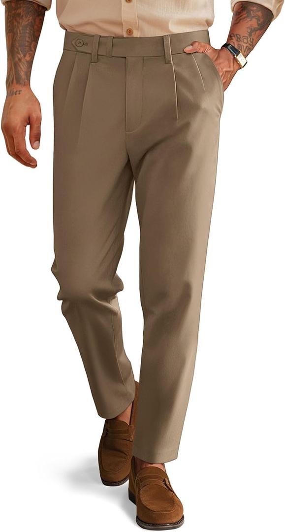 PJ PAUL JONES Mens Dress Pants Vintage Pleated Tapered Cropped Trousers Extended Waist Dress Pant Casual Slacks (Medium, Brown)