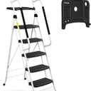 HBTower 5 Step Ladder with Handrails, Folding Step Stool Portable Steel Ladder for Adults for Home Kitchen Library Office, White