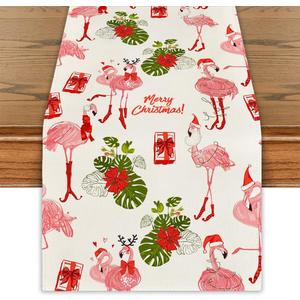 Flamingo Christmas Table Runner Beach Christmas Table Cover Tropical Coastal Hawaliian Christmas Decor Flamingo New Year Xmas Decor Christmas Decorations for Home Party