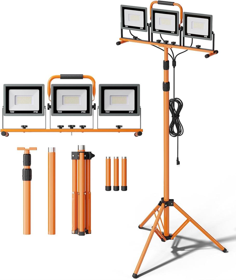 Upgraded 21000Lumen LED Work Lights with Stand - 3 Head Adjustable Work Light with 16FT Cord - IP66 Waterproof Tripod Worklights with Individual Switch for Outdoor Indoor Portable & All-round Lighting