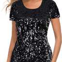 MANER Women’s Full Sequin Tops Glitter Party Shirt Short Sleeve Sparkle Blouses S 