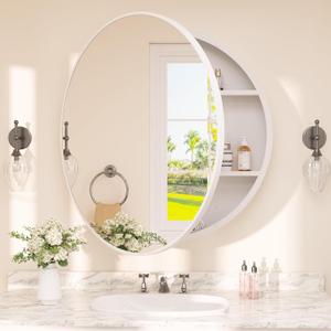 TETOTE Bathroom Mirror Cabinet 28 x 28 White Round Bathroom Medicine Cabinet with Mirror Adjustable Shelves Farmhouse Wall Mirror with Storage Surface Mounted