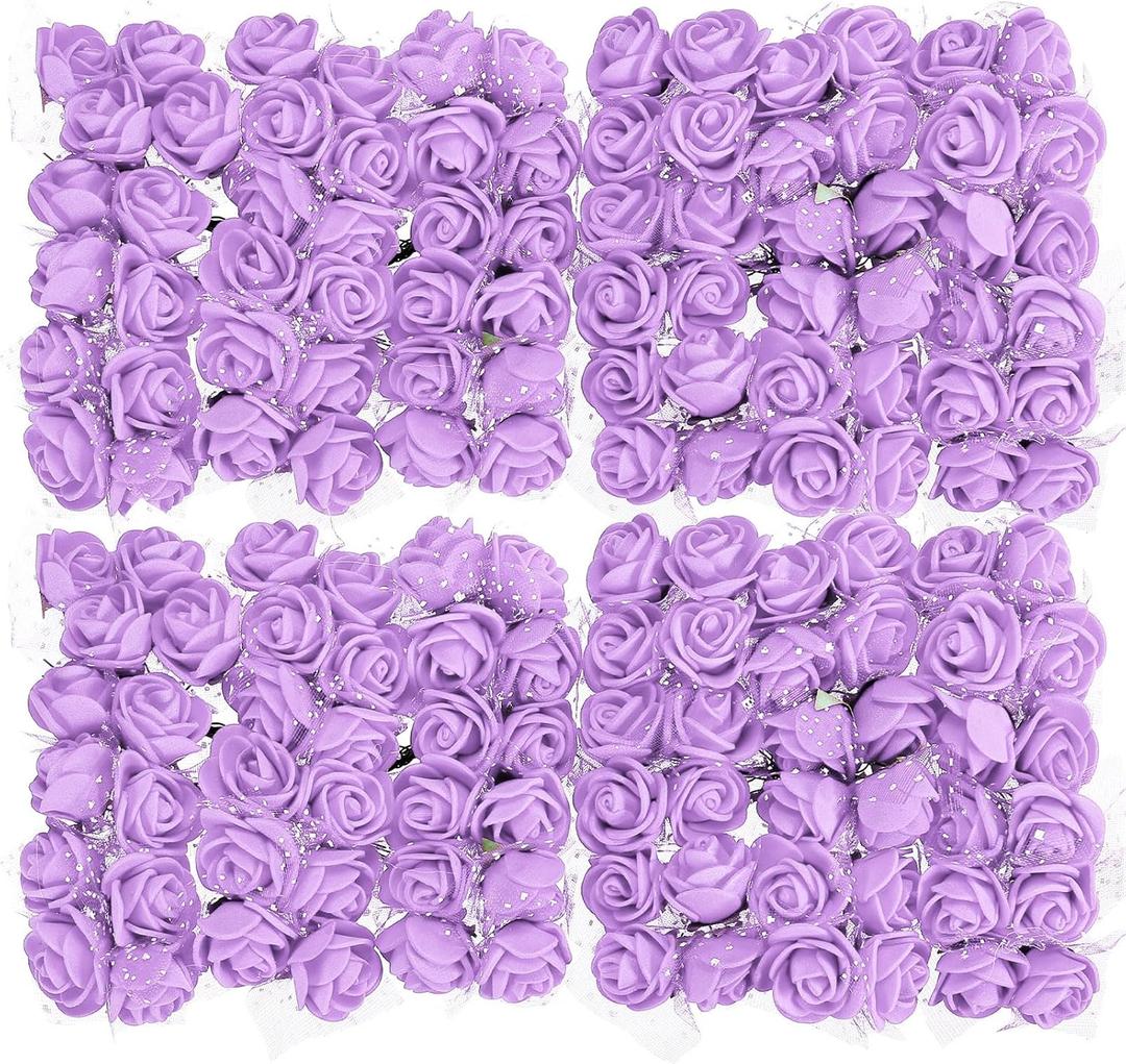 MECCANIXITY Artificial Rose Flower Heads, Purple Mini Faux Flowers 0.8 Inch-1 Inch for DIY Craft Wedding and Party Decoration Pack of 144