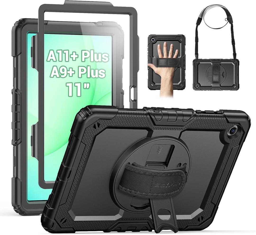 SEYMAC Case for Samsung Galaxy Tab A11+ Plus / A9+ Plus 11" 2026/2024, Heavy Duty Shockproof Protective Case with Screen Protector, Rotating Stand and Hand/Shoulder Strap, Black