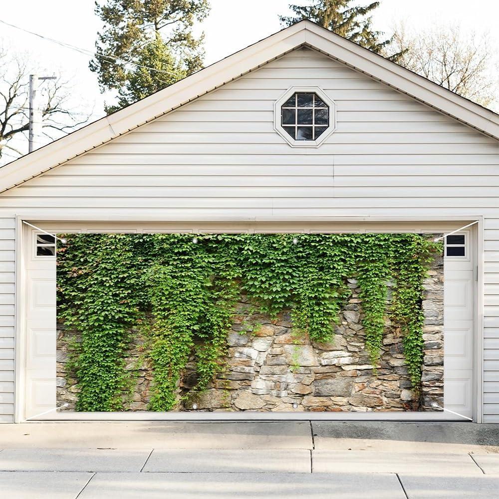 Leyiyi 7x16ft Spring Garden Leaves Garage Door Decoration Gardening Plants Grunge Stone Wall Greenery Banner Vane Branch Cover Vintage Wall Garage Door Mural Backdrop for Outdoor Indoor Wall Door