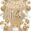 Trgowaul 14th Birthday Decorations for Girls, Banner, Sash and Crown, Cake Topper, 14 Number Balloon, Fringe Curtains, Champagne Gold 14th Birthday Party Supplies