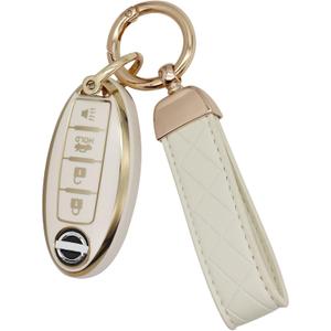 SUNCARACCL for Nissan Key Fob Cover with Leather Keychain, Soft TPU Full Protection Key Case Shell for Nissan Altima Maxima Rogue Armada Pathfinder Smart Key 4 Buttons (White)