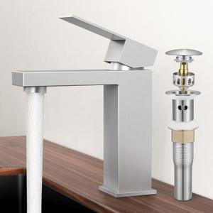 KES Bathroom Faucet Single Hole & Bathroom Sink Drain with Overflow, cUPC Certified Vanity Faucet Brushed Stainless Steel, L3156ALFF12-BS-C1