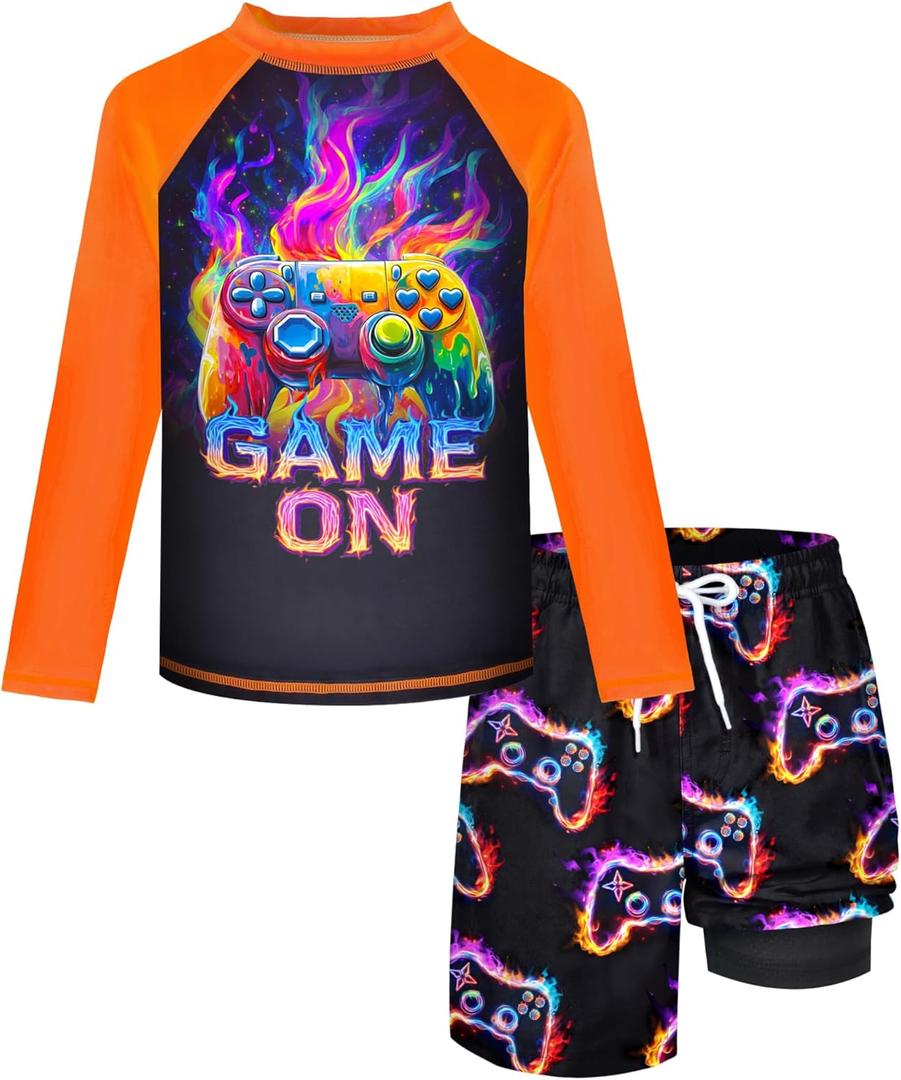 Boys 2 Piece Rash Guard Swimsuit Long Sleeve Swim Shirt and Trunks Quick Dry Black Bathing Suit Game Console Set Size 12-14