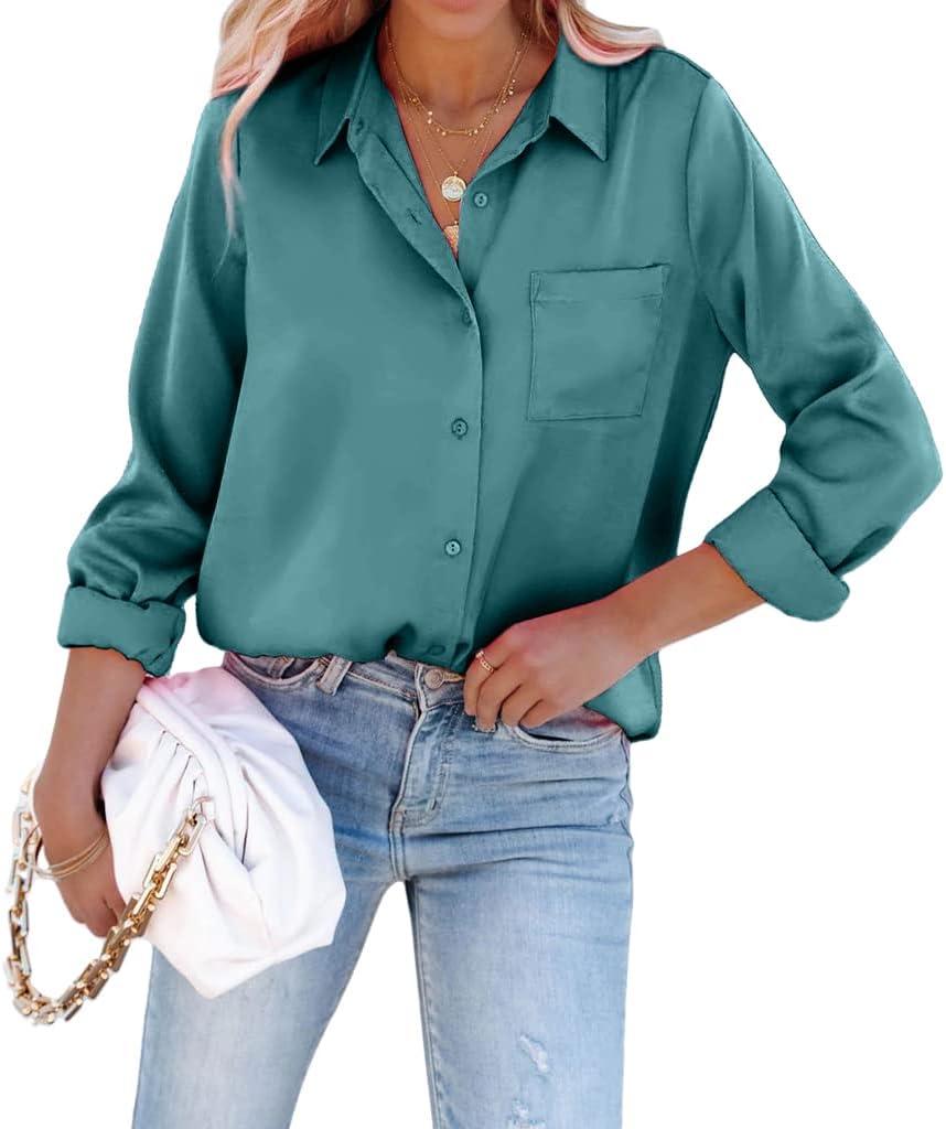 Satin Button Down Shirts for Women Long Sleeve Slim Fit Office Blouses Casual Business Silk Tops with Pocket S-XXL