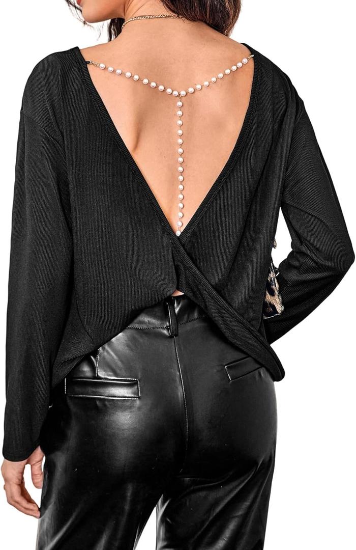 Women's Beaded Twist Open Back Backless T Shirts Boat Neck Long Sleeve Ribbed Knit Tee Tops (Black, Small)