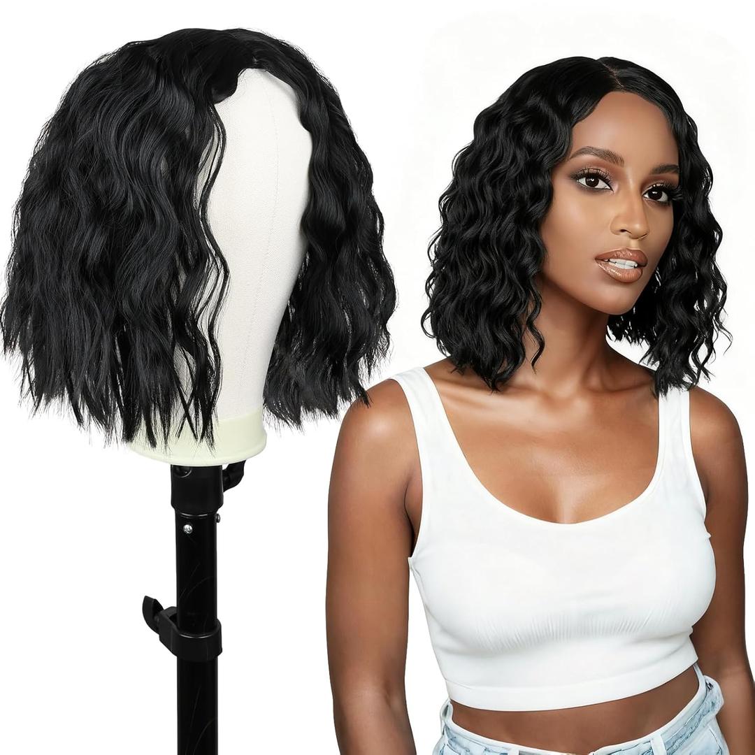 Wigs for Black Women 14 Inch Curly Wig 150% Density Wear Glueless Wig Machine Made No Lace Water Wave Wigs Natural Color (14 in)