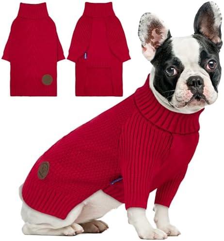 cyeollo Dog Christmas Sweaters for Medium Dogs Male, Stretchy Warm Turtleneck Doggy Clothes for Fall Winter, Thermal Knit Pet Apparel with Sleeves, Red XL