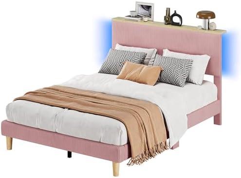 Bestier Twin Bed Frame with Adjustable Headboard & LED Lighting, Corduroy Upholstered Platform Bed Frame with Storage Shelf, Solid Wood Slats, No Box Spring Needed, Never Squeak, Easy Assembly, Pink