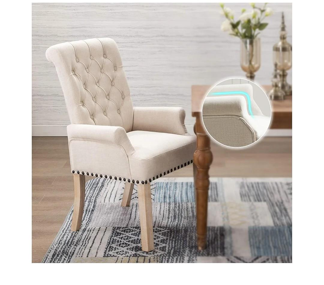 Dining Chairs with Arms, Upholstered Fabric Dining Room Chairs with Solid Wood Legs, Accent Armchair for Kitchen Dining Living Room, Beige