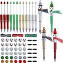 NEWEST 12 Pieces Christmas Beadable Pens Kit Cute Snowman Bead Pens with 48 Beads & 3 Ribbons DIY Pen Making Kit Black Ink Beaded Ballpoint Pens Bulk for Christmas Gifts School Office Supplies