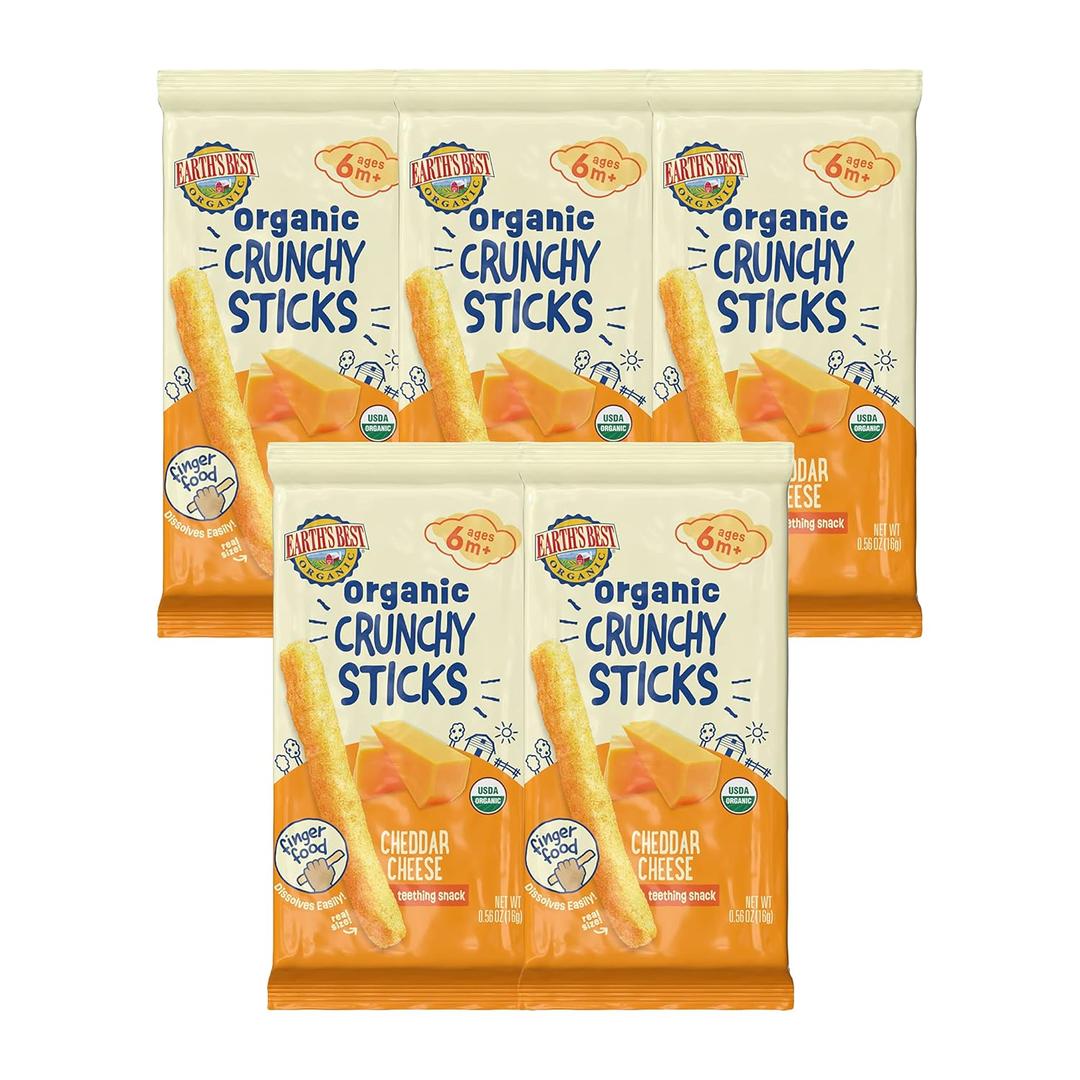 Earth's Best Organic Baby Food, Dissolvable Teething Snack for Babies 6 Months and Older, Cheddar Cheese Crunchy Sticks, .56 oz Pack (Pack of 5) (EXP 11/25/26)