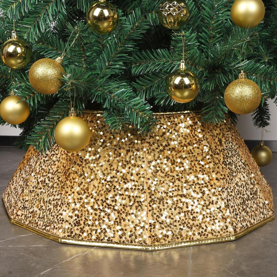 Blissun Christmas Tree Collar, Sequin Christmas Tree Skirt, Foldable Tree Ring, Xmas Tree Stand Base Cover for Christmas Tree Decoration, Bright Gold