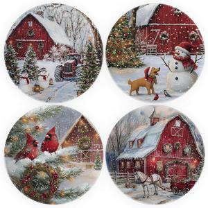 4 Pcs 10-Inch Christmas Melamine Dinner Plates, Round Holiday Set with Winter Farm Watercolor Scenes, Red Barn, Cardinals, Snowmen, Dishwasher-Safe Festive Dinnerware for Table Decor & Parties