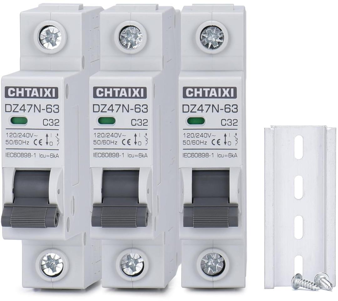 3 Pack 1 Pole AC Miniature Circuit Breaker, 32 Amp 120V/240V DIN Rail Mount Circuit Breaker, Thermal Magnetic Trip MCB C32