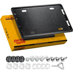 100% Carbon Fiber License Plate Frame,New Full Carbon Fiber snap-on 4 Hole License Plate Frame,unobstructed View,with Screw Caps, Anti-Vibration Pads