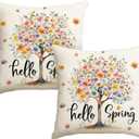 AVOIN colorlife Hello Spring Trees Flowers Throw Pillow Covers, 18 x 18 Inch Watercolor Cushion Case Decoration for Sofa Couch Set of 2