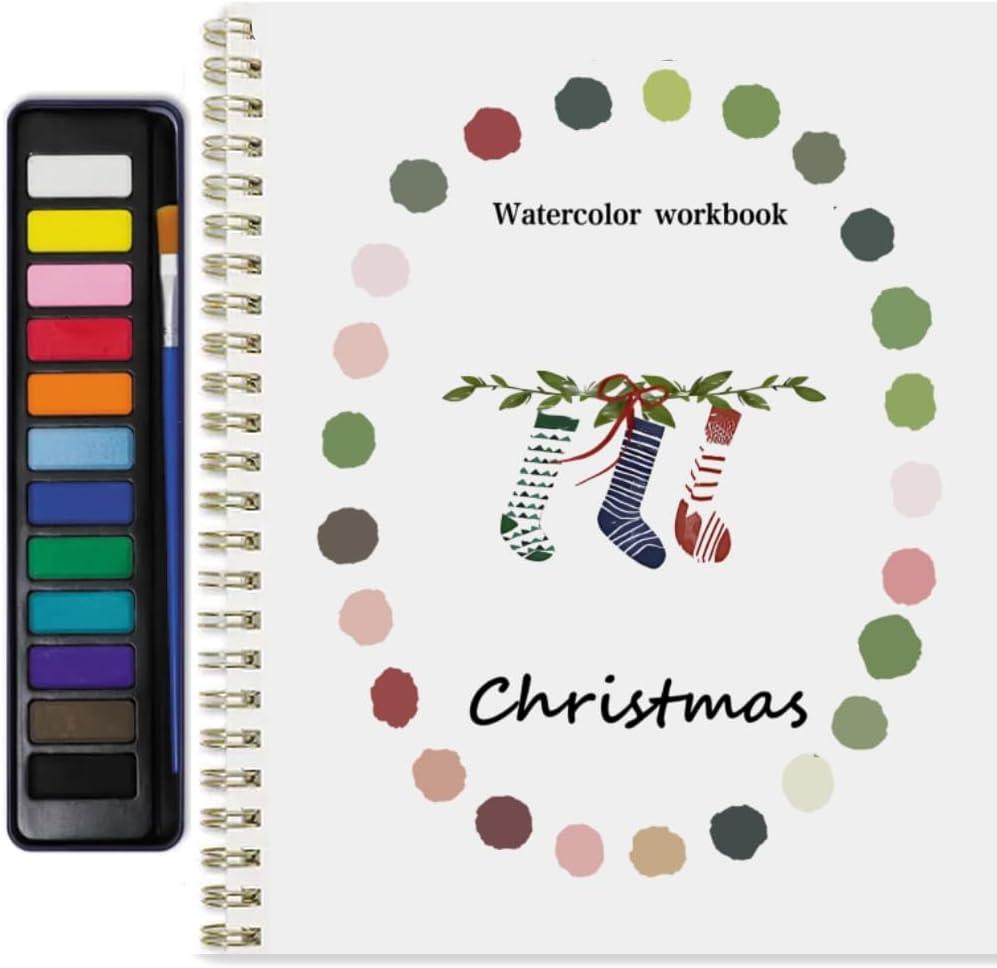 Watercolor Workbook for Adults & Beginners: 12 Colors Paint Set with Brush, Foldable Painting Kit for Christmas Ideal Gift(Christmas)