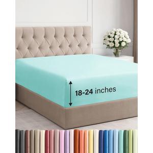Extra Deep Queen Fitted Sheet - Hotel Luxury Single Fitted Sheet Only - Easily Fits 18 inch to 24 inch Mattress - Ultra Soft, Wrinkle & Fade Free w/Extra Deep Pockets - Breathable & Comfy - Spa Blue