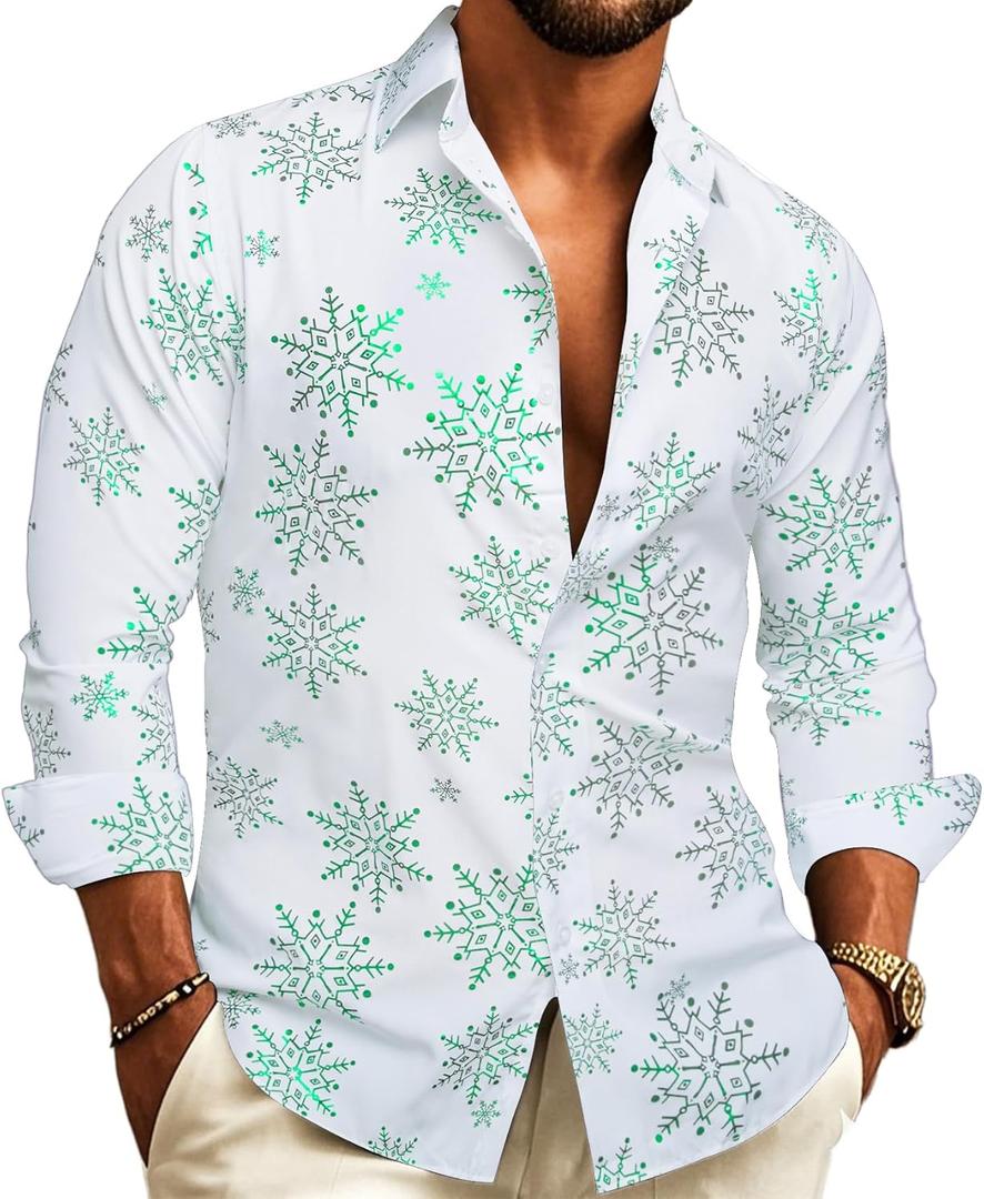 Barry.Wang Mens Christmas Shirts Xmas Holiday Party Button Down Dress Shirts Long Sleeve Snowflake Tree Shirt Halloween (Medium, Christmas Green and White)
