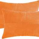 HWY 50 Orange Corduroy Patchwork Throw Pillow Covers 12x20 Inch Rectangle, Set of 2, Soft Cozy Textured Decorative Cushion Cases for Couch Sofa Bed Living Room, Boho Striped Home Decor