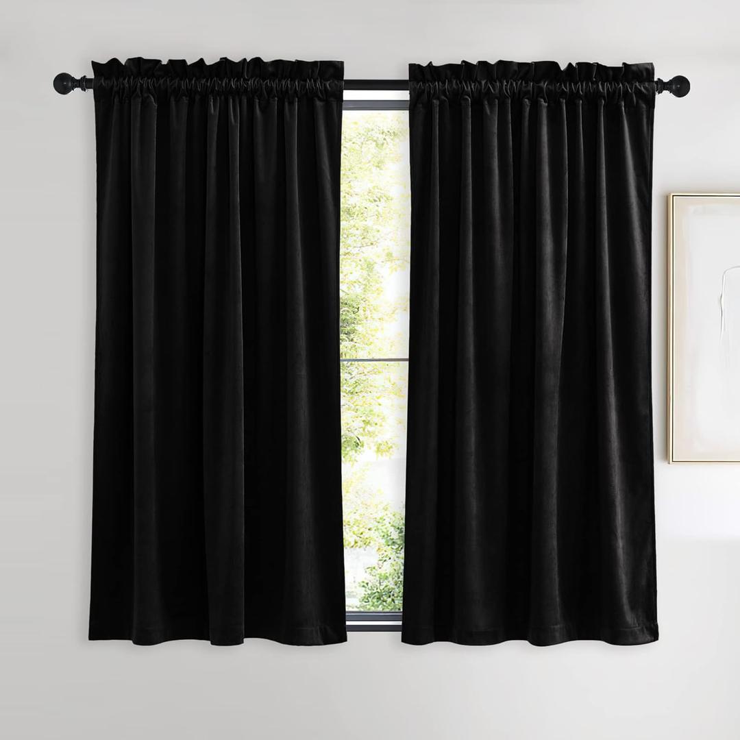 NICETOWN Black Out Velvet Curtains 54 inches Long for Patio, Solid Heavy-Duty Energy Saving Short Window Treatments Rod Pocket Drapes for Cafe (2 Panels42 inch Wide)