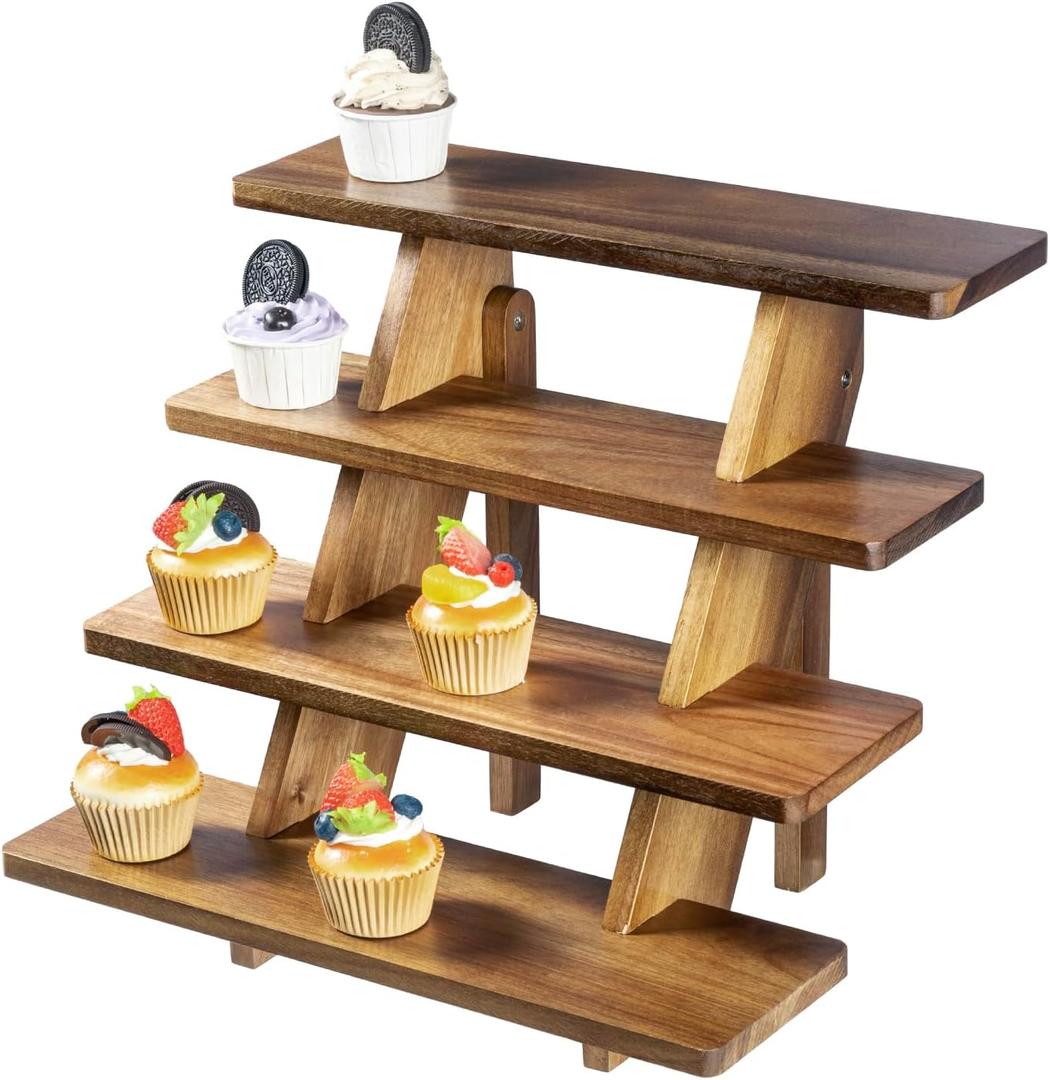 MyGift 4 Tier Premium Acacia Solid Wood Cupcake Display Stand, Rustic Burnt Wooden Step Tiered Tabletop Dessert Rack, Party Table Decoration or Retail Riser