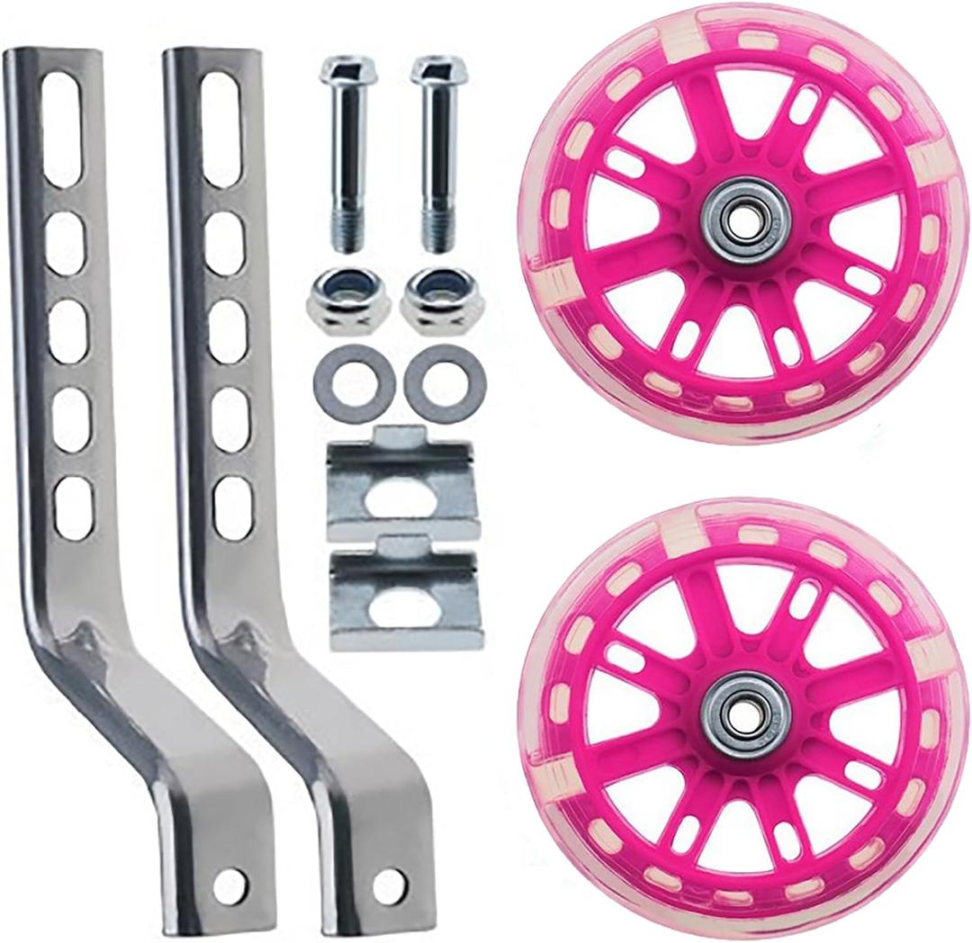 Training Wheels for Kids Bike, Flash Mute Wheel Adjustable Bicycle Stabiliser Mounted Kit Compatible for 12 14 16 18 20 inch Single Speed Bicycle (Pink)