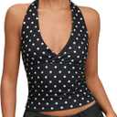 SweatyRocks Women's Polka Dots Print Halter Tops Going Out Backless Deep V Neck Summer Top (Black)