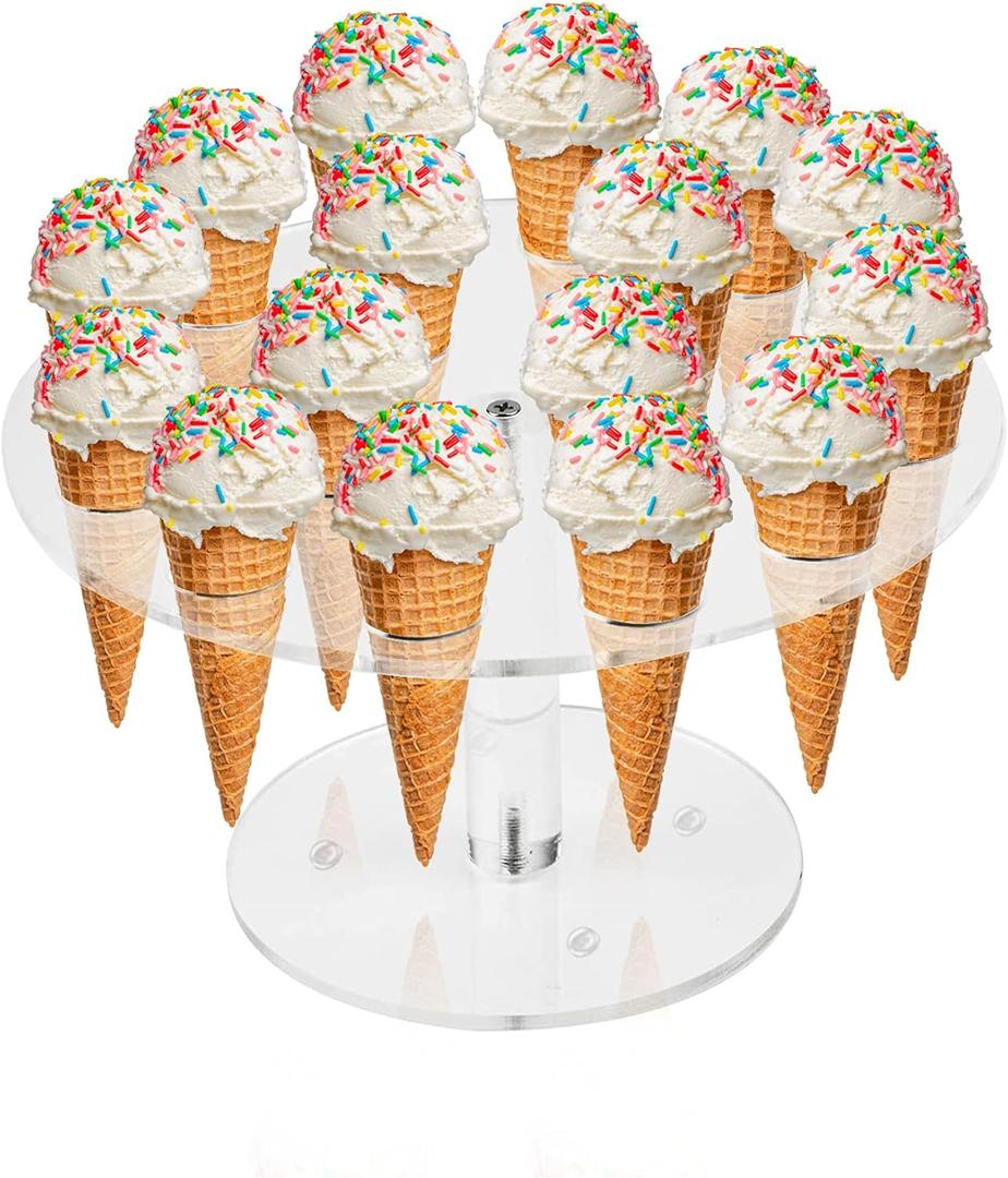 Ice Cream Cone Holder, Clear 16 Holes Food Stand,Acrylic Waffle Cone Display Stand,Hand Roll Sushi Popcorn stand Rack for Kids Party Birthday Wedding Decoration