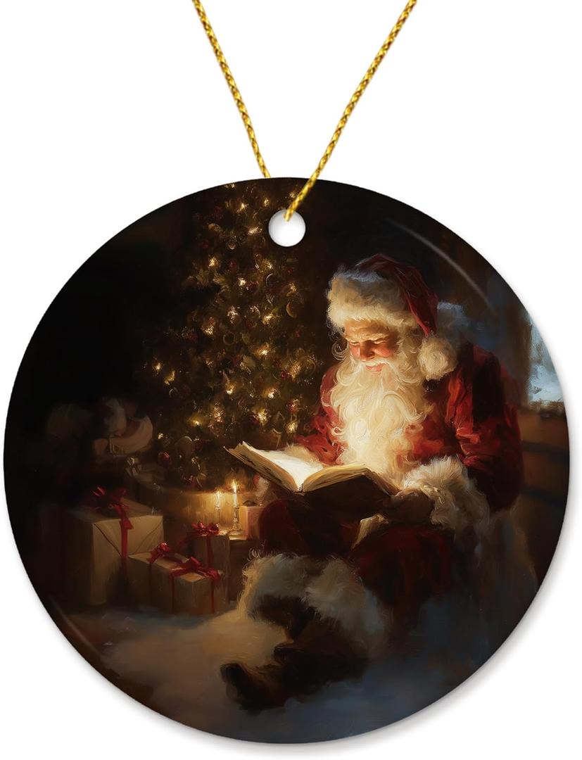 Santa Claus Reading Book Ceramic Christmas Ornaments, Santa Claus Christmas Tree Ornaments, Bookish Xmas Gifts for Book Lovers Women Men, Xmas Tree Decorative Hanging Ornament for Library, Book Santa