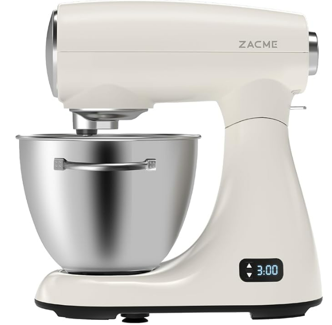 Mixers Kitchen Electric Stand Mixer 5.5QT 600W, Aluminum die casting and Gears, Dual Cooling System, Low Noise, DC Motor, LED Display and Timing Function, Tilt-head Metal Food Mixer, White