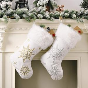 White Christmas Stockings 2 Pack, Family Stockings Christmas 18 Large Christmas Stockings with Plush Faux Fur Cuff (Silver/Gold Snowflake Embroidery) Giant Xmas Stockings Hanging Stockings